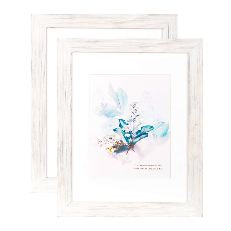 KAIWIN 100% Solid Wood White 11x14 Picture Frame 2 Pack Display Picture 8x10 with Mat, Rustic Wooden Photo Frames for Wall Mounting - Image 1